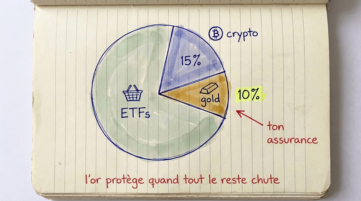 Graphique en camembert du portefeuille : 75% ETF, 15% crypto, 10% or &mdash; l'or est ton assurance quand tout le reste baisse