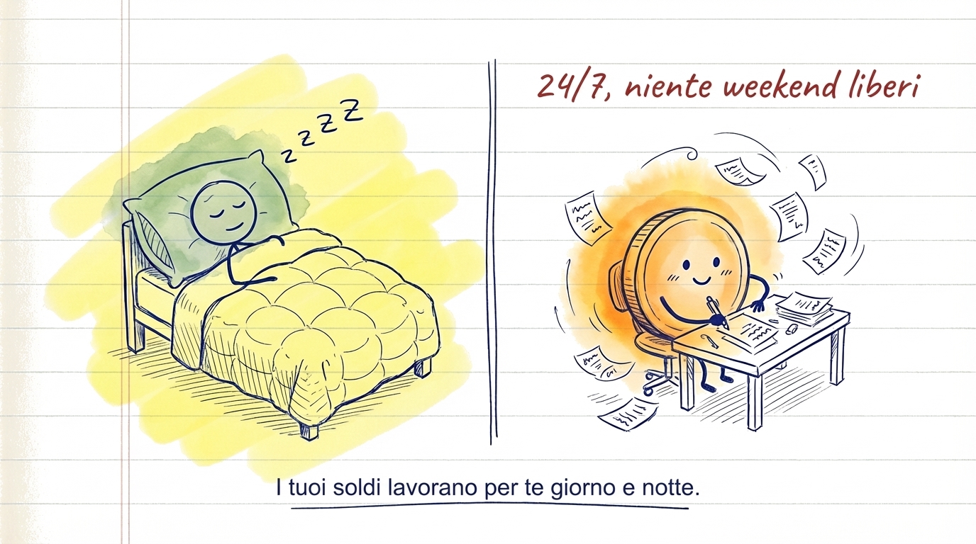 Infografica che mostra come investire regolarmente ogni mese fa lavorare i tuoi soldi per te nel tempo