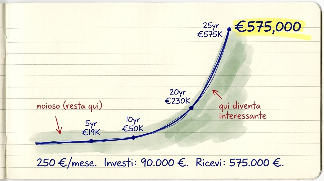 La mazza da hockey della ricchezza: €250/mese cresce lentamente all'inizio, poi esplode fino a €575.000 dopo 25 anni