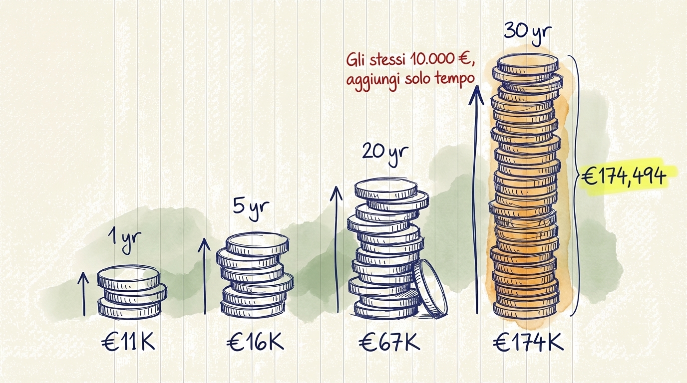 Grafico che mostra come 10.000 euro crescono fino a 174.000 euro in 30 anni con un rendimento annuo del 10%