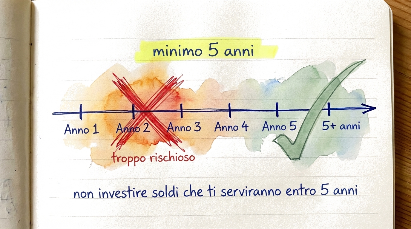 Infografica che spiega perché 5 anni è l'orizzonte temporale minimo per investire, mostrando i tempi di recupero dai crolli