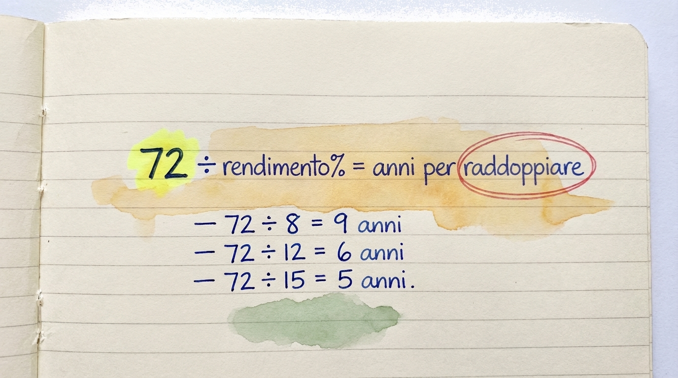 La formula della regola del 72: dividi 72 per la tua percentuale di rendimento annuo per trovare quanti anni servono per raddoppiare i tuoi soldi