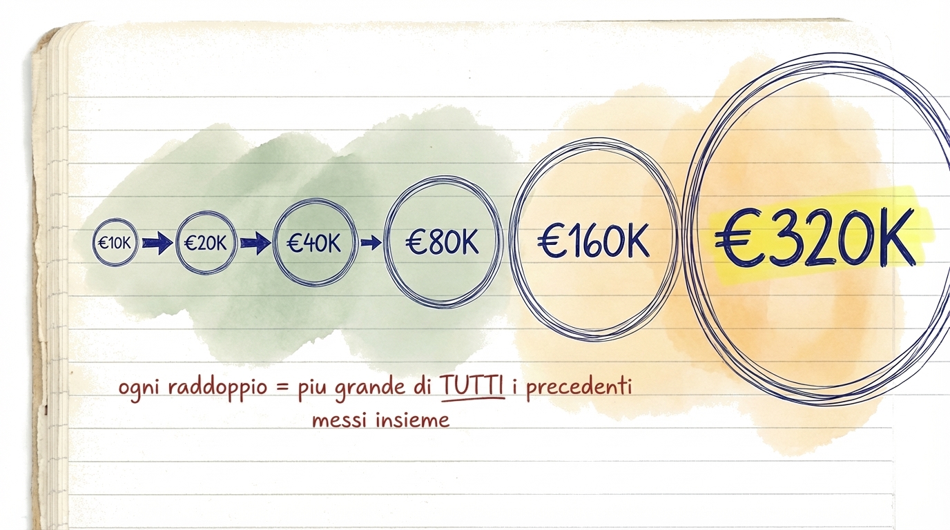 Una catena di importi che raddoppiano mostrando come ogni raddoppio è più grande di tutti i precedenti messi insieme