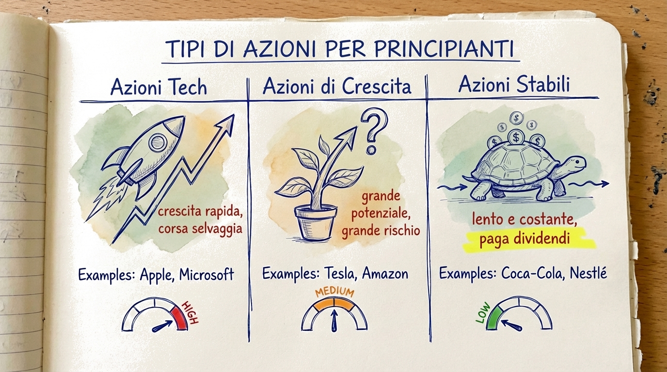 Tre tipi di azioni a confronto: azioni tech (crescita rapida, giro selvaggio), azioni growth (grande potenziale, grande rischio) e azioni stabili (lente e costanti, pagano dividendi)