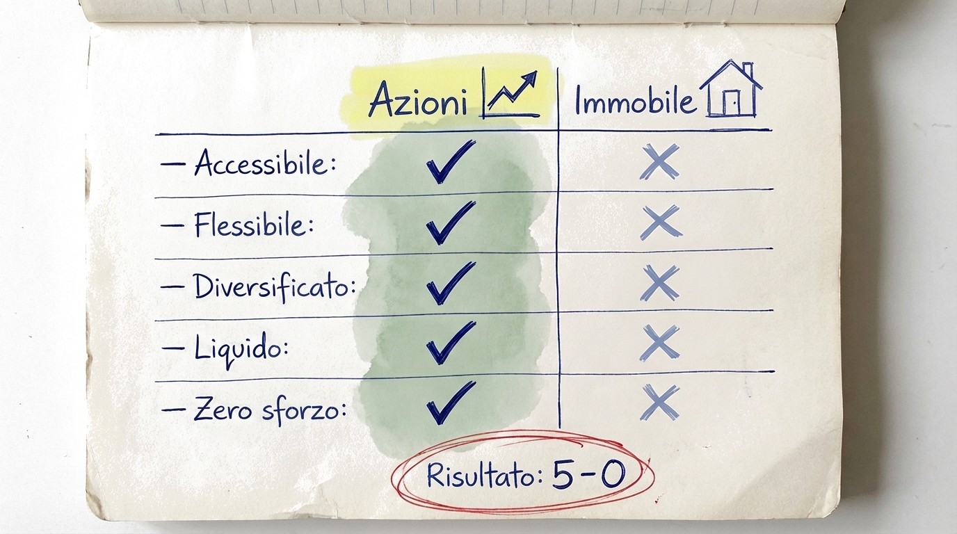 Confronto affiancato tra azioni e immobiliare che mostra i vantaggi delle azioni: accessibili, flessibili, diversificate, liquide e senza sforzo