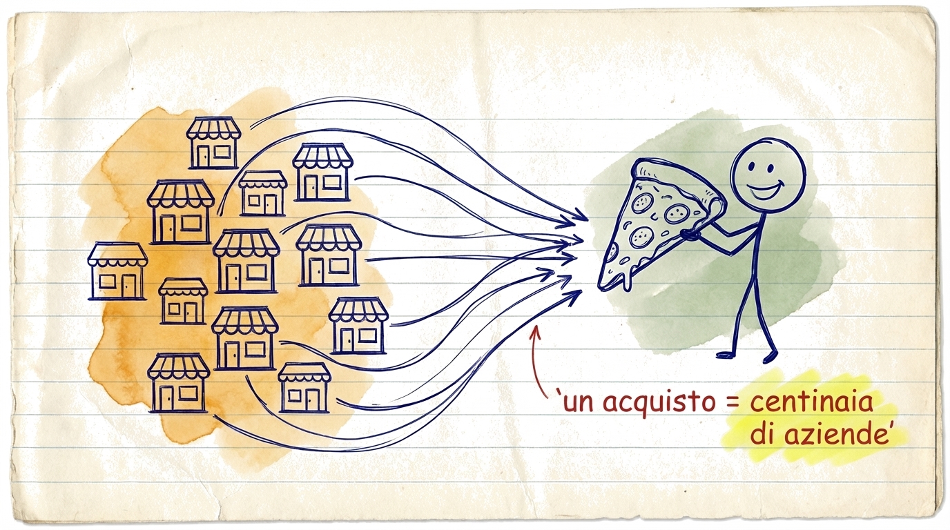 Illustrazione che confronta comprare un'azione (una pizzeria) con un ETF (una fetta da centinaia di pizzerie)