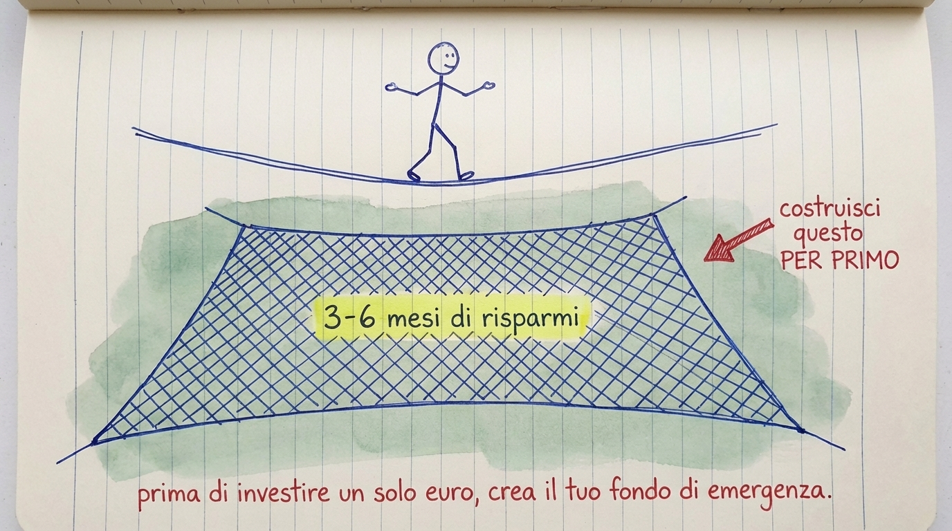 Omino su un filo con una rete di sicurezza sotto etichettata 3-6 mesi di risparmi — costruiscila prima di investire
