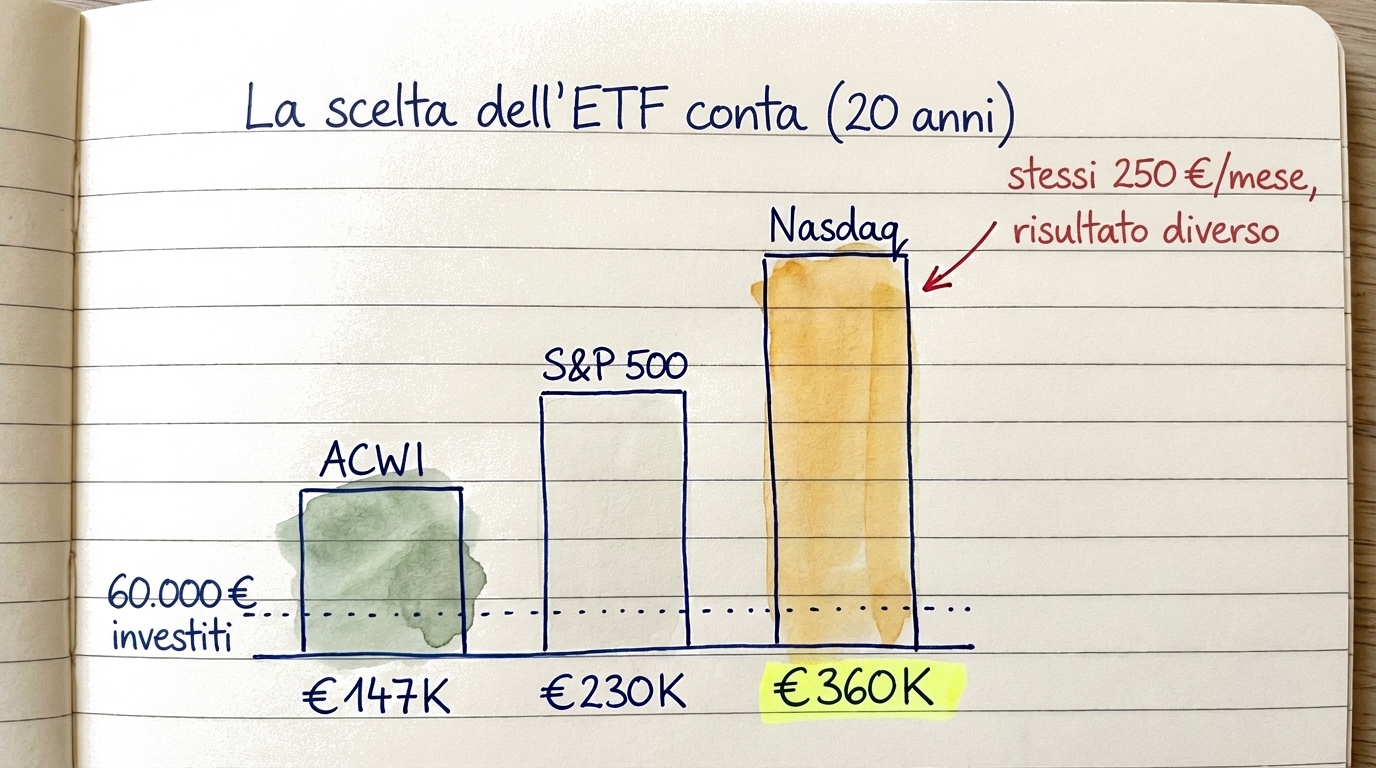 Grafico a barre che confronta la crescita di 250 euro al mese tra ACWI, S&P 500 e Nasdaq 100 su 5, 10 e 20 anni
