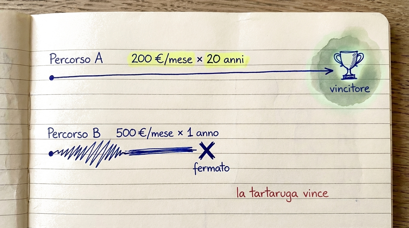Illustrazione che mostra come piccoli investimenti costanti nel tempo battono quelli grandi ma sporadici