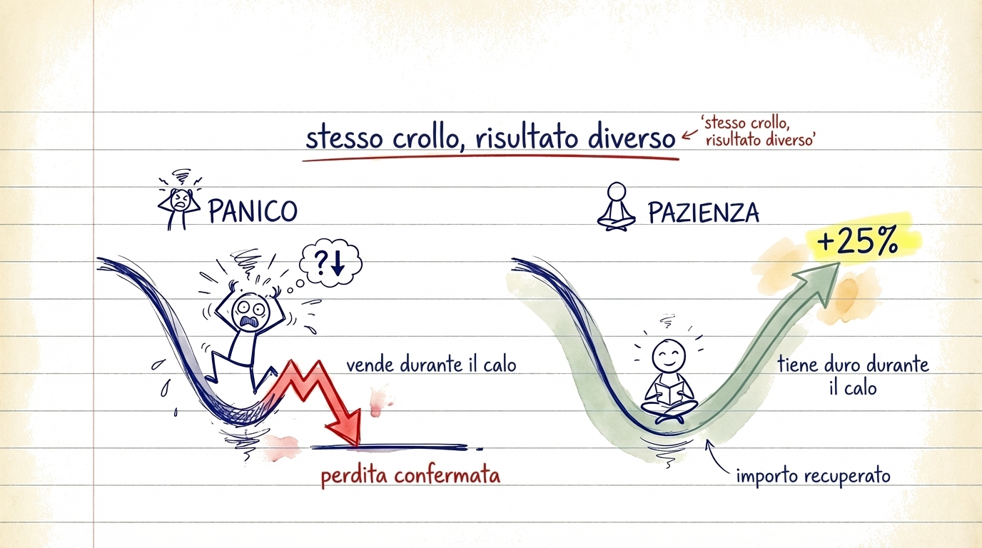 Illustrazione che mostra la differenza tra vendere nel panico durante un crollo (bloccare le perdite) e tenere duro e recuperare