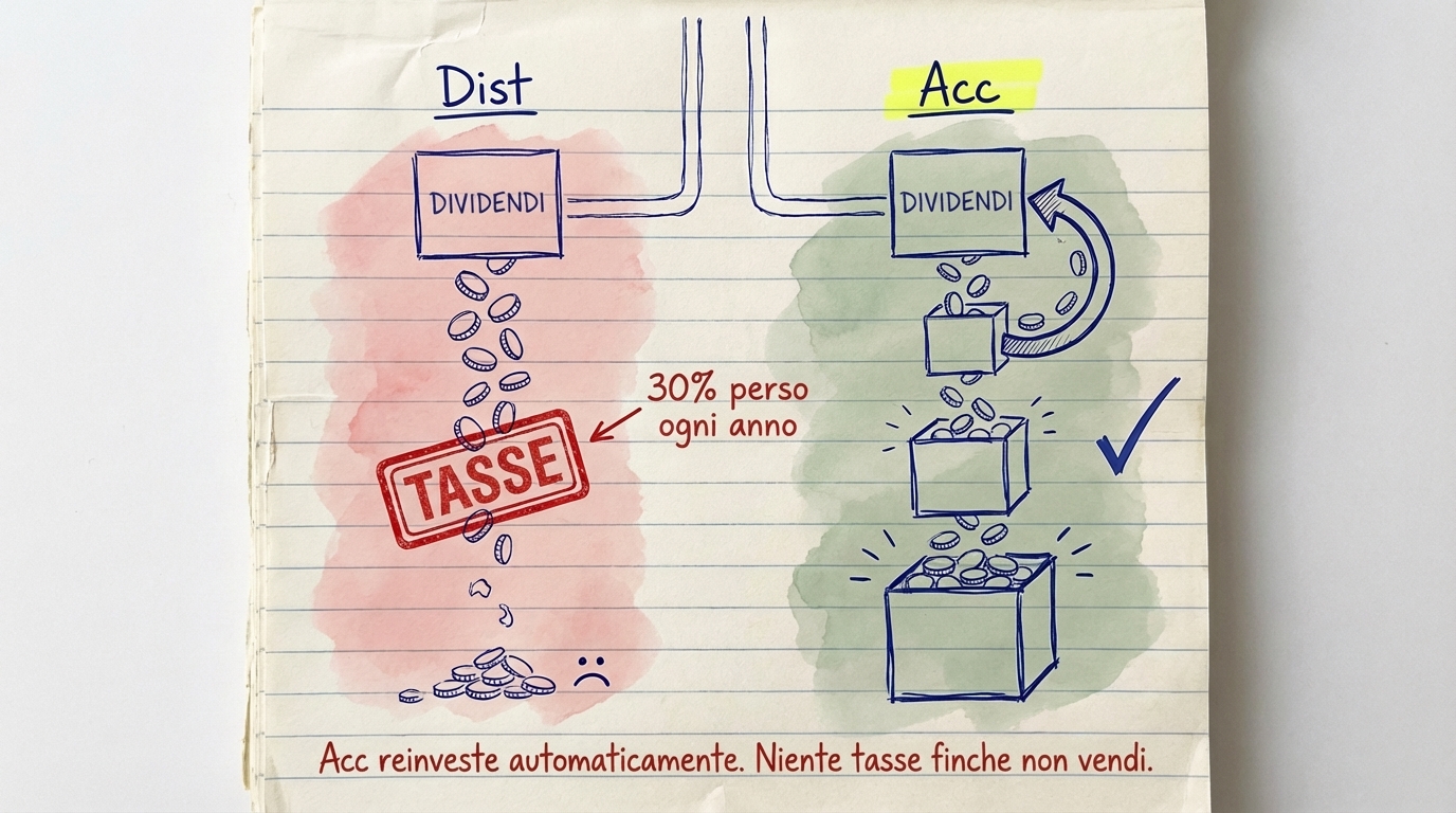 L'ETF a distribuzione perde il 30% in tasse ogni anno mentre l'ETF ad accumulazione reinveste e cresce — nessuna tassa finché non vendi