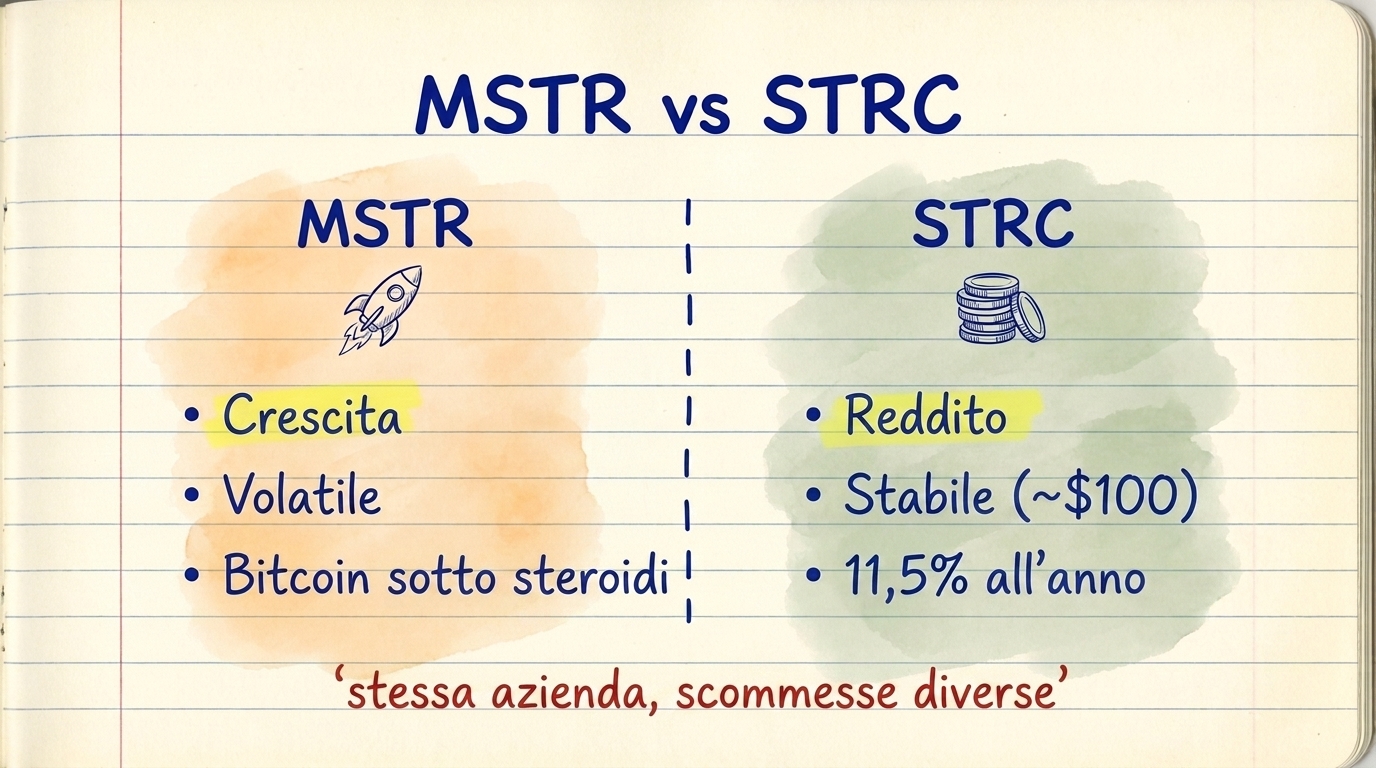 MSTR vs STRC: MSTR is growth, volatile, Bitcoin on steroids. STRC is income, stable at $100, 11.5% per year. Same company, different bets.