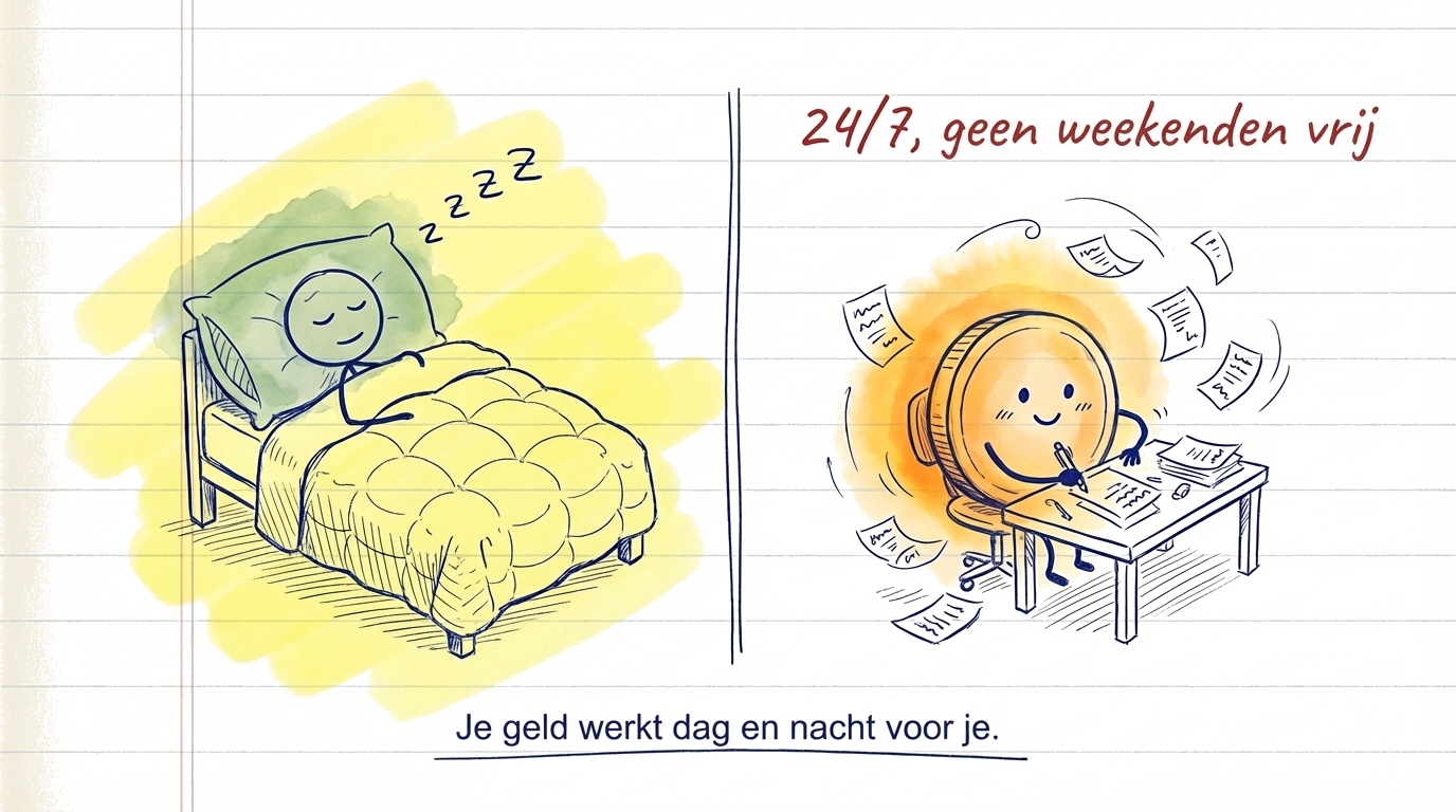 Infographic die laat zien hoe regelmatig maandelijks beleggen je geld voor je laat werken over de tijd