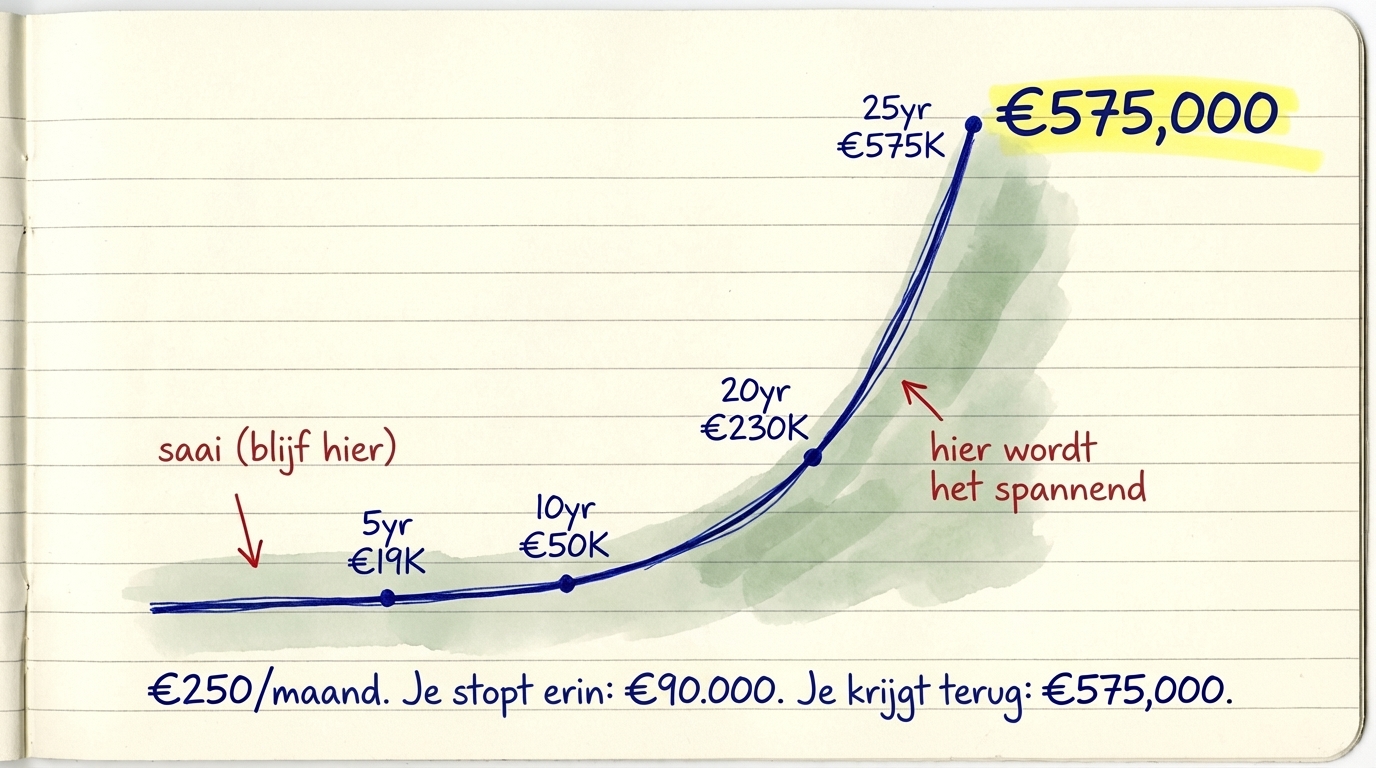 De hockeystick van vermogen: €250/maand groeit langzaam in het begin, explodeert dan naar €575.000 na 25 jaar