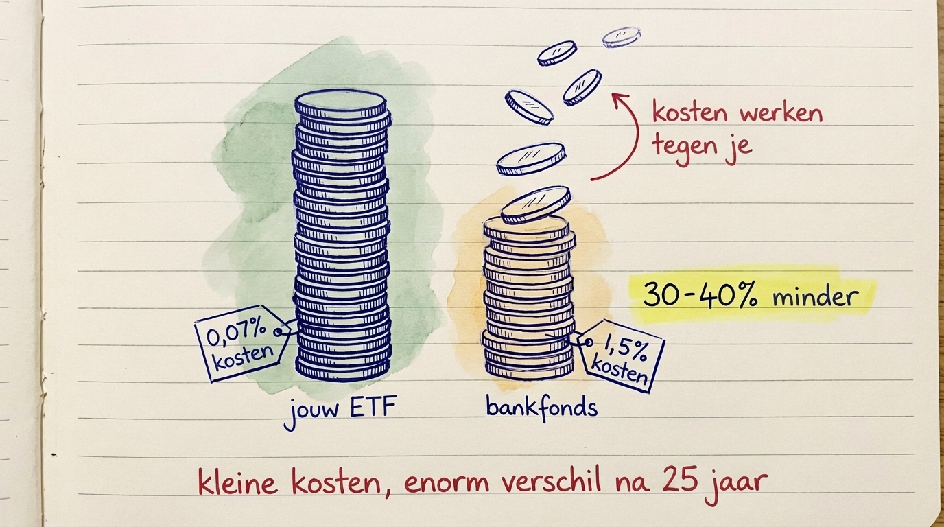 ETF met 0,07% kosten torent boven bankfonds met 1,5% kosten — kleine kosten maken een enorm verschil over 25 jaar