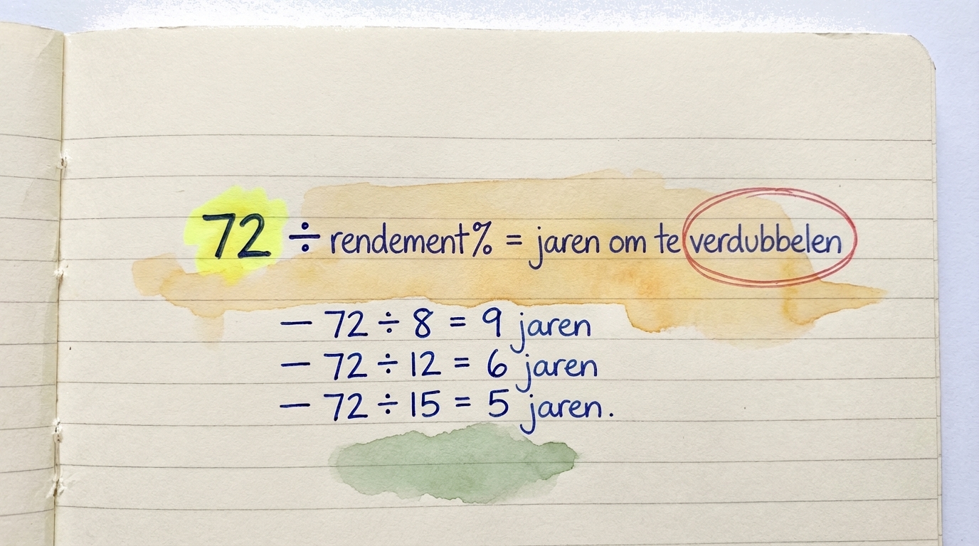 De regel van 72 formule: deel 72 door je jaarlijks rendementspercentage om te berekenen hoeveel jaar het duurt voor je geld verdubbelt
