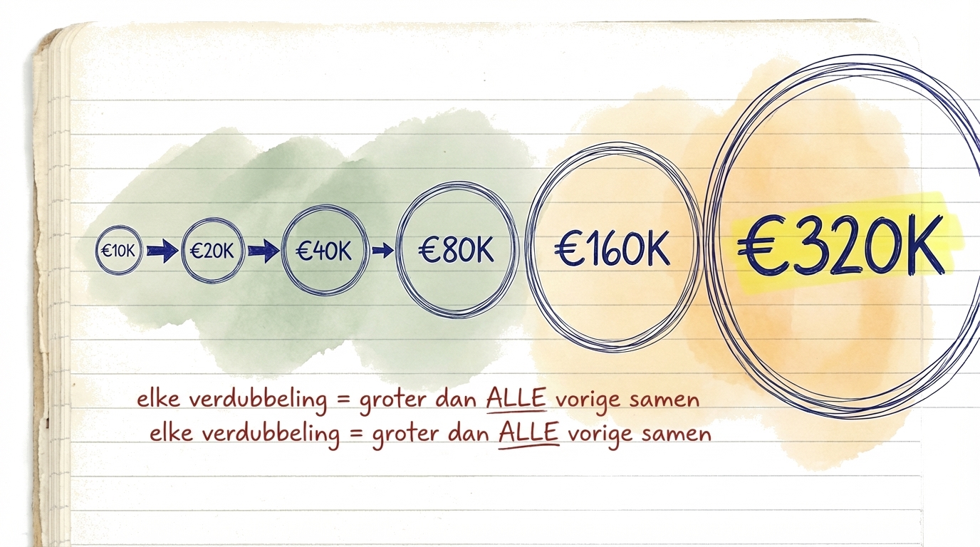 Een ketting van verdubbelende bedragen die laat zien hoe elke verdubbeling groter is dan alle vorige samen