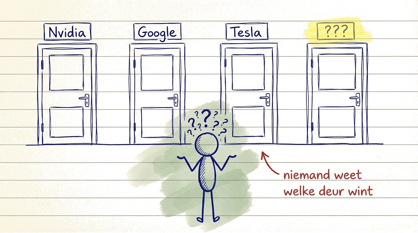 Illustratie die de moeilijkheid laat zien van het kiezen van één winnend aandeel uit vele concurrerende bedrijven
