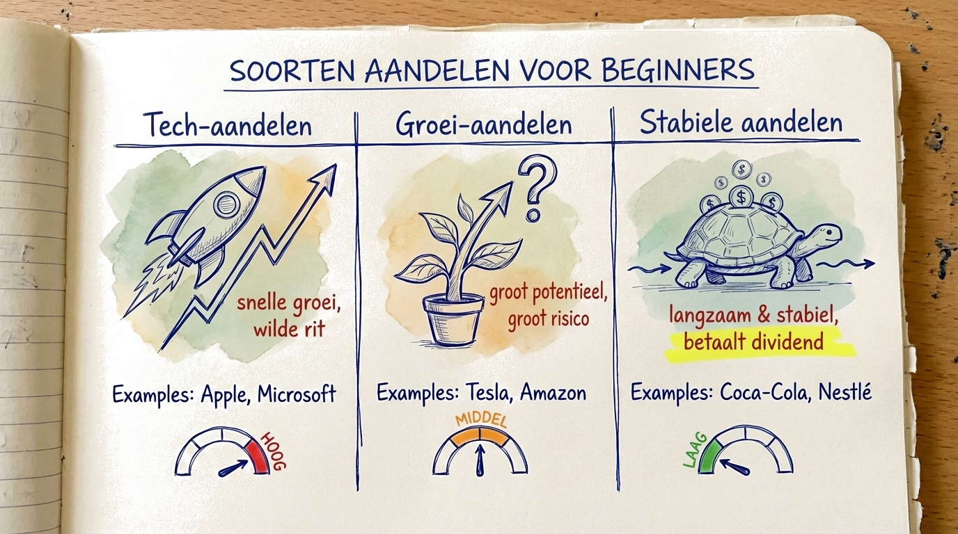 Drie soorten aandelen vergeleken: Tech-aandelen (snelle groei, wilde rit), Groeiaandelen (groot potentieel, groot risico), en Stabiele aandelen (langzaam en gestaag, betaalt dividend)