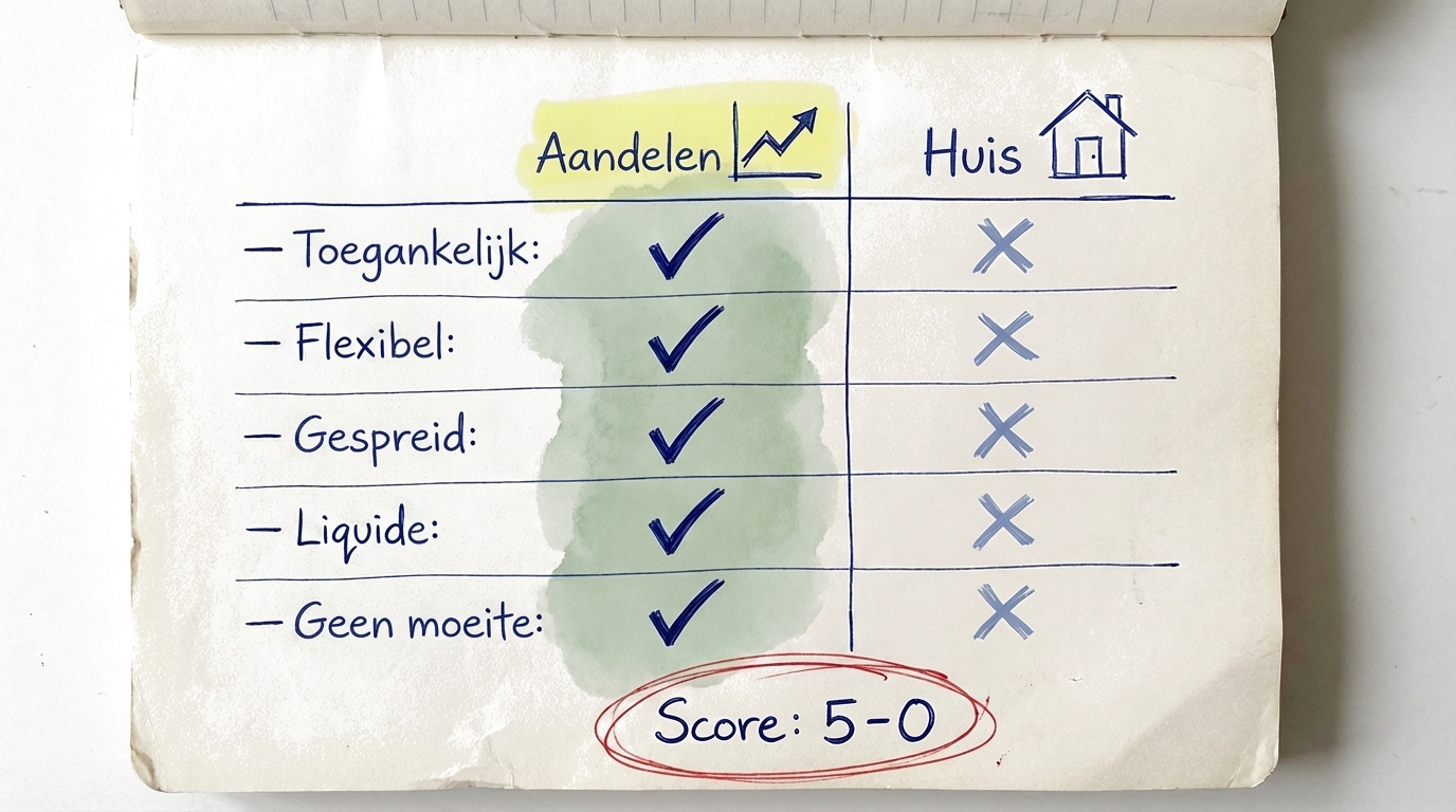 Vergelijking van aandelen versus vastgoed met de voordelen van aandelen: toegankelijk, flexibel, gespreid, liquide en moeiteloos