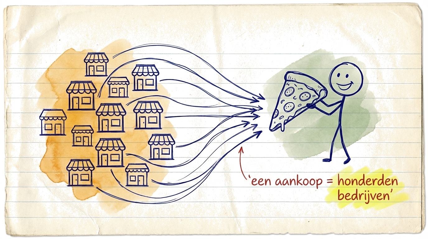 Illustratie die het verschil laat zien tussen één aandeel kopen (één pizzeria) versus een ETF (één punt van honderden pizzeria's)