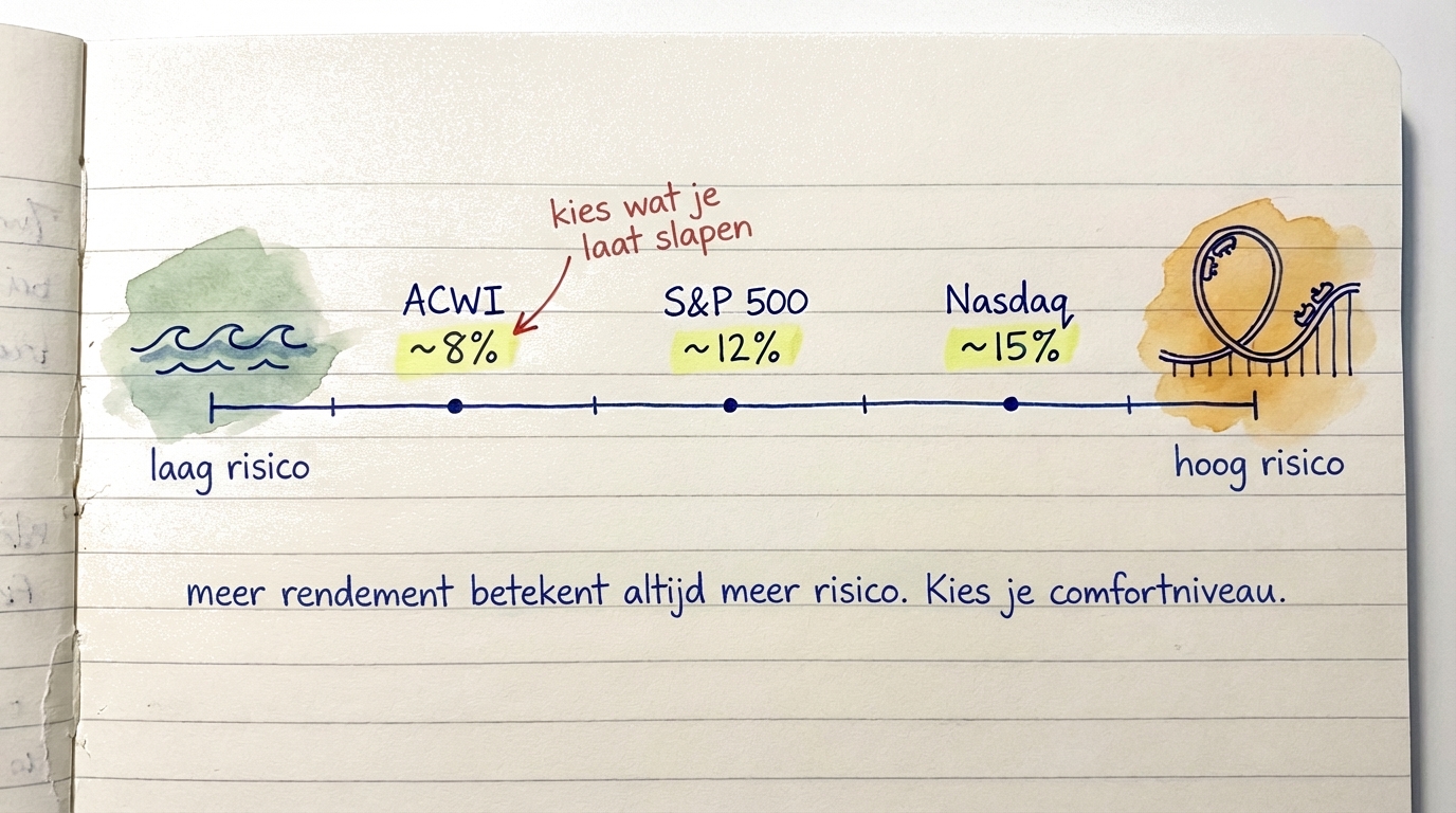 Een risicospectrum met ACWI als laagste risico, S&P 500 als gemiddeld, en Nasdaq 100 als hoogste risico met het hoogste potentiële rendement
