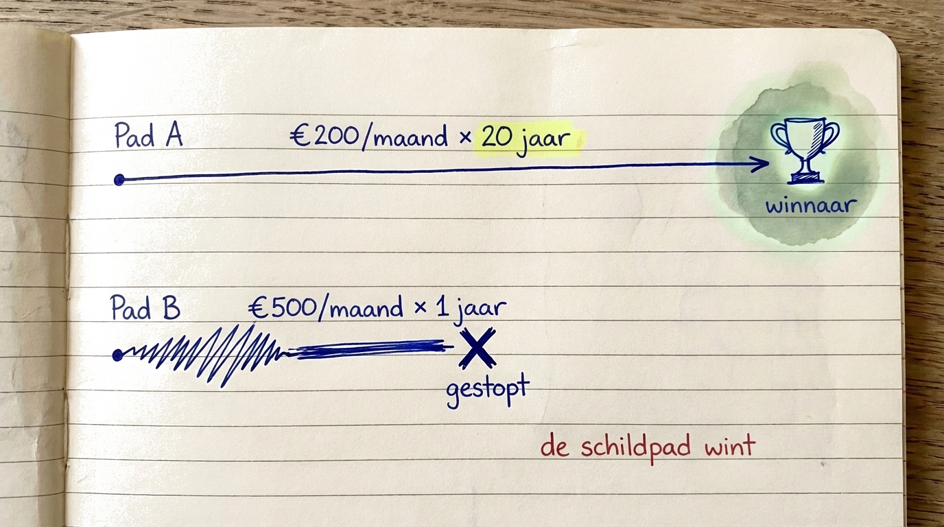 Illustratie die laat zien dat consistente kleine beleggingen over vele jaren beter presteren dan grote sporadische beleggingen