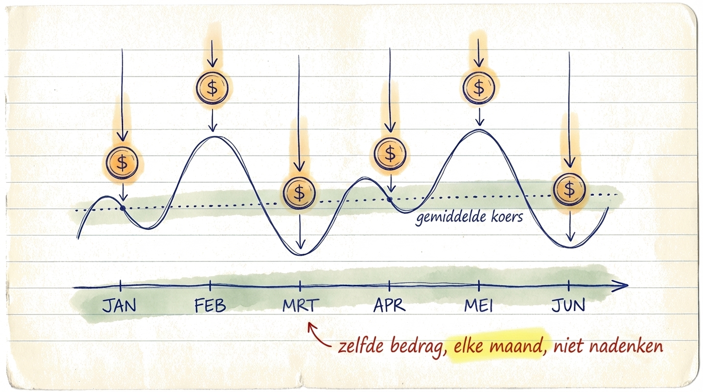 Grafiek die laat zien hoe DCA je meer laat kopen als koersen laag zijn en minder als koersen hoog zijn, waardoor je gemiddelde kosten over de tijd worden verspreid
