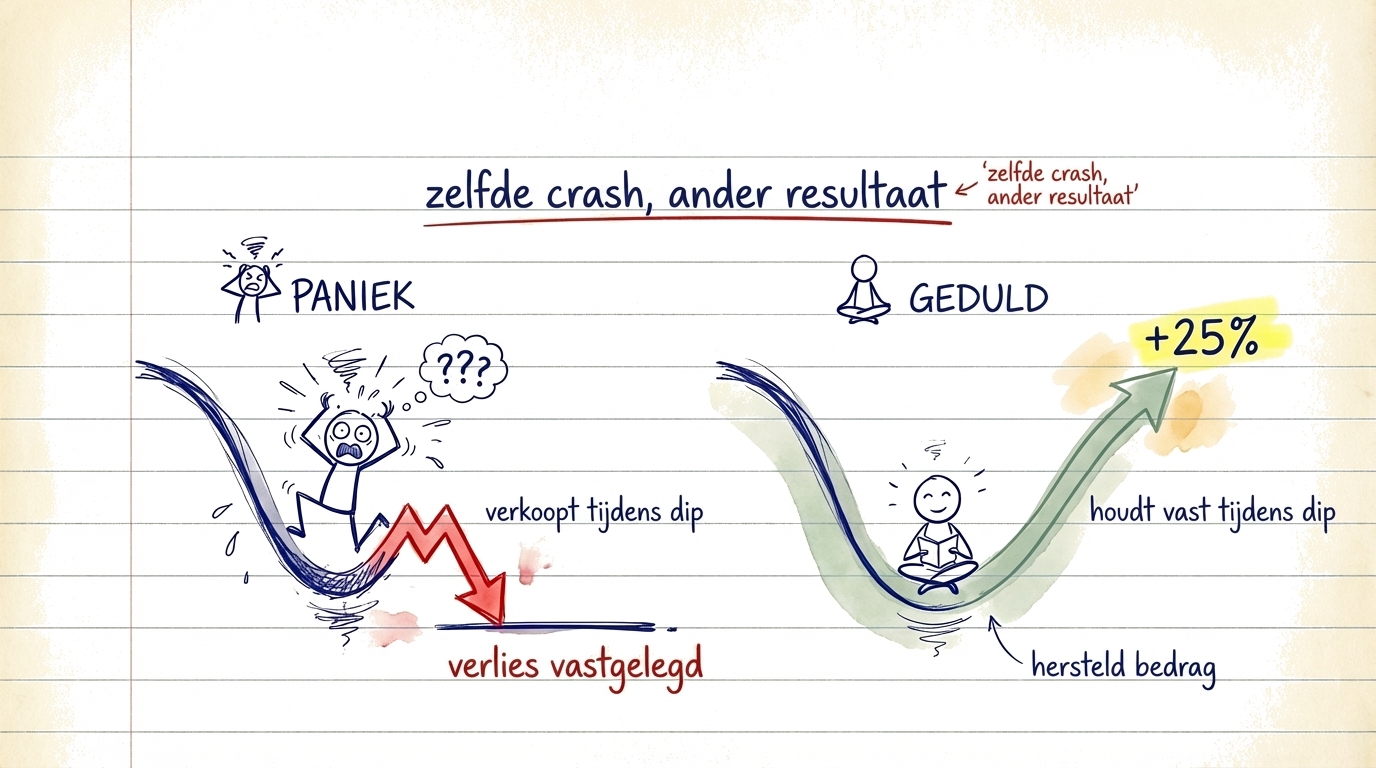 Illustratie die het verschil laat zien tussen paniekverkopen tijdens een crash (verliezen vastzetten) versus vasthouden en herstellen