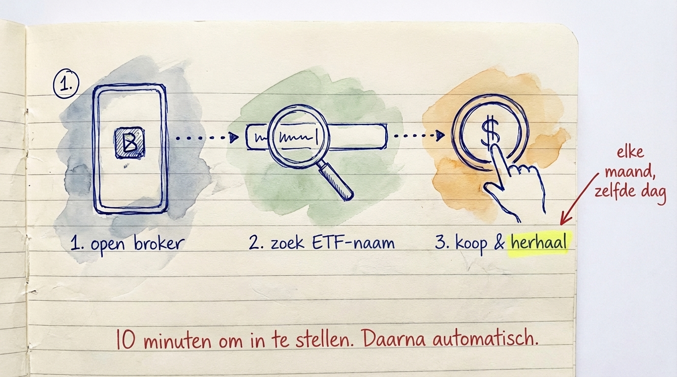 Drie stappen om een ETF te kopen: open een broker, zoek de ETF-naam, koop en herhaal elke maand — 10 minuten om op te zetten, daarna op de automatische piloot