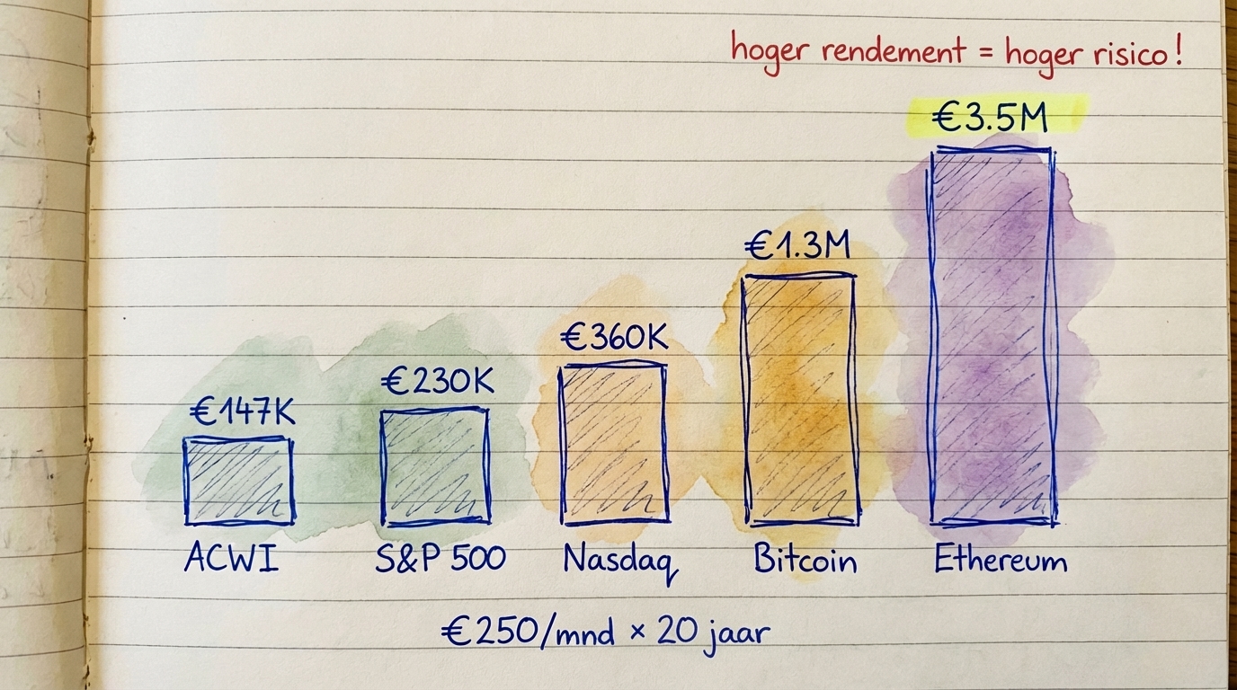 Staafdiagram dat de verwachte rendementen over 20 jaar vergelijkt van ACWI, S&P 500, Nasdaq 100, Bitcoin en Ethereum bij €250 maandelijkse inleg
