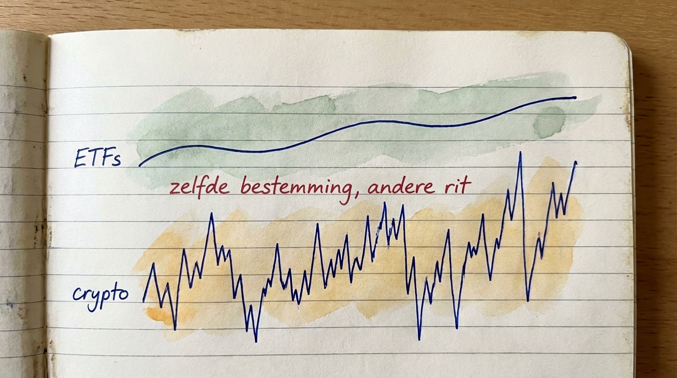 ETF's tonen een vloeiende stijgende lijn terwijl crypto wild zigzagt — zelfde bestemming, andere rit