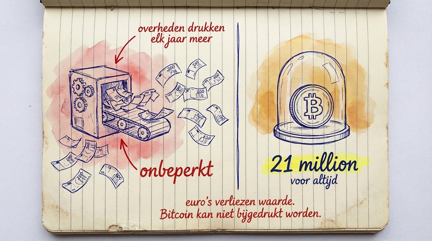 Geldpers die onbeperkt euro's maakt vs Bitcoin vastgezet op 21 miljoen voor altijd — euro's verliezen waarde, Bitcoin kan niet bijgedrukt worden