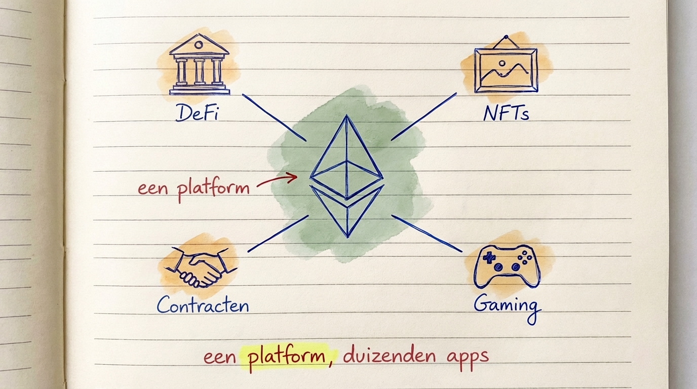 Ethereum-diamant in het centrum met vertakkingen naar DeFi, NFT's, Gaming en Contracten — één platform, duizenden apps
