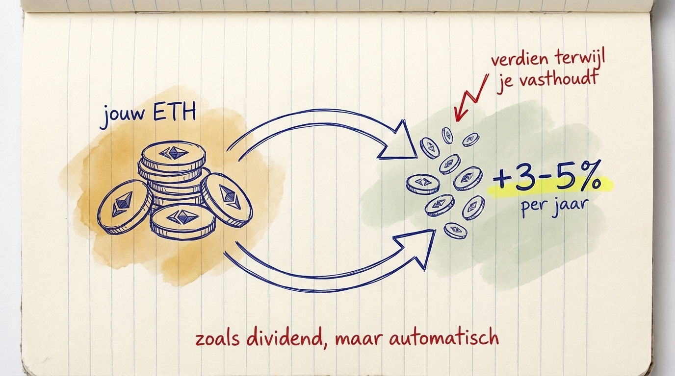 Ethereum staking cyclus: je ETH genereert +3-5% per jaar — zoals dividend, maar automatisch