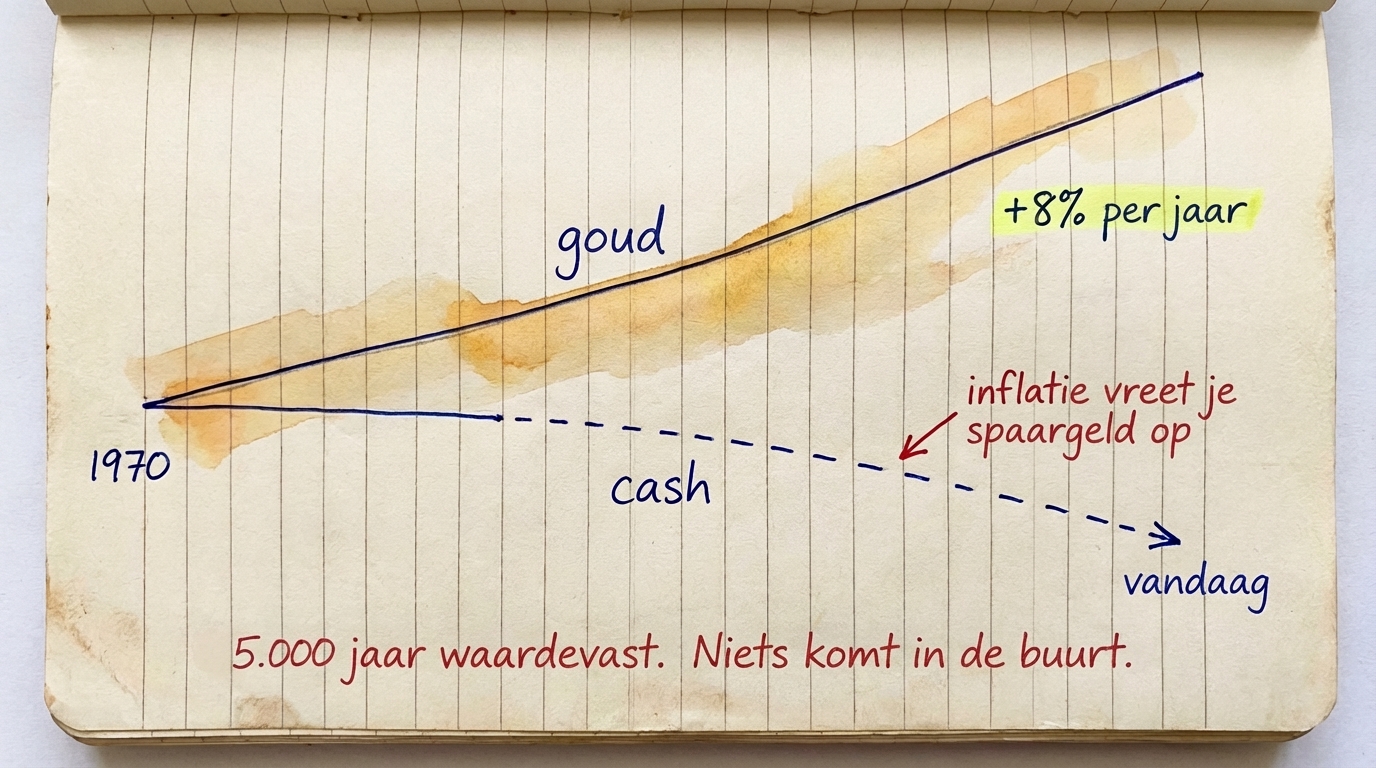 Goud stijgt gestaag sinds 1970 terwijl contant geld waarde verliest door inflatie — 5.000 jaar waardebehoud