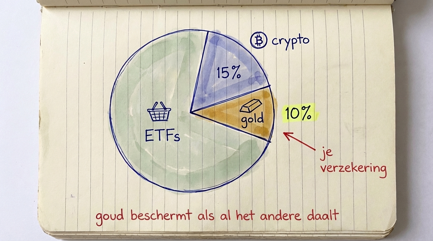 Portefeuilletaartdiagram: 75% ETF's, 15% crypto, 10% goud — goud is je verzekering als al het andere daalt