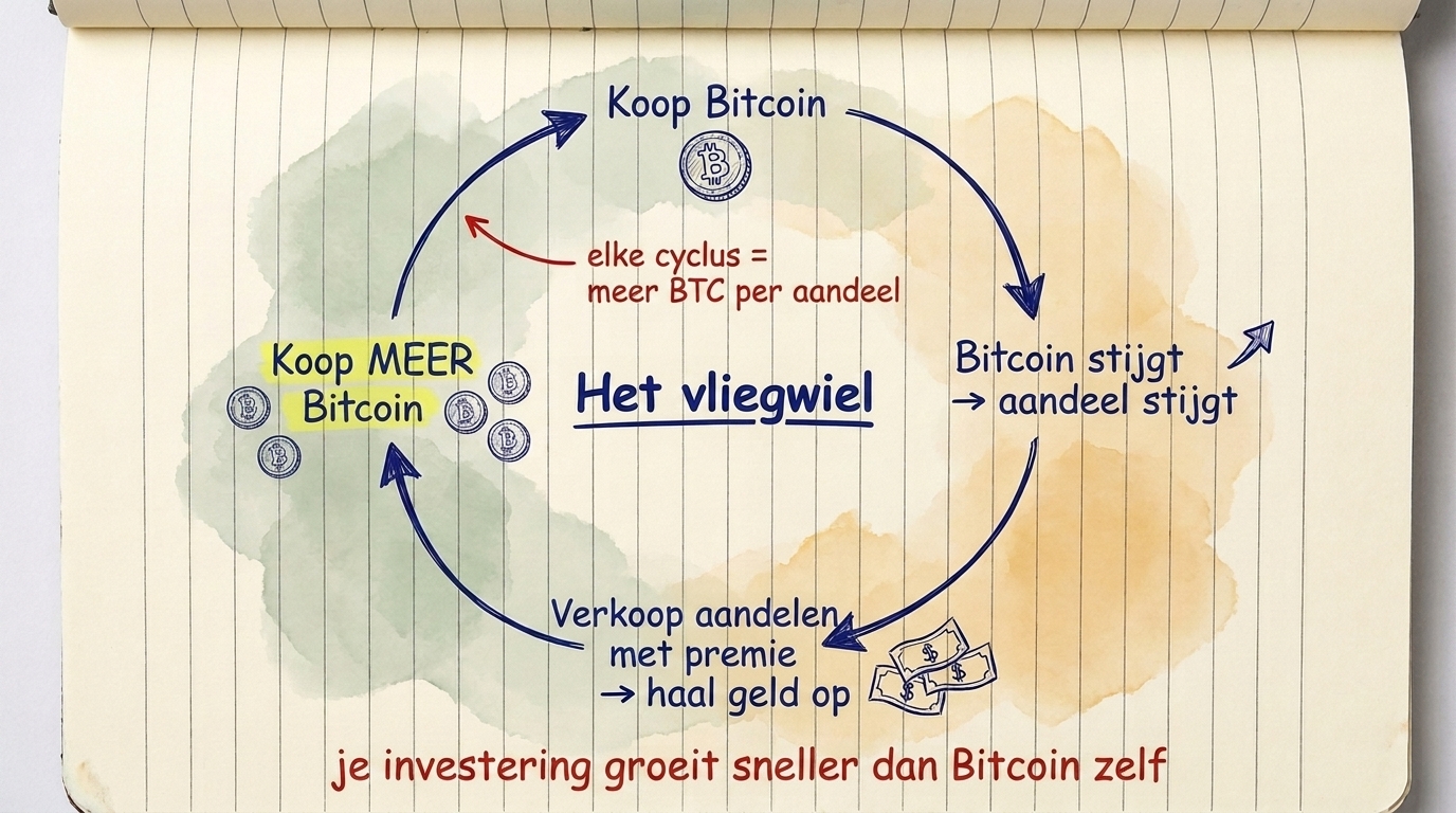 De Strategy flywheel: koop Bitcoin, aandeel stijgt, verkoop aandelen met premie, koop meer Bitcoin — elke cyclus voegt meer BTC per aandeel toe