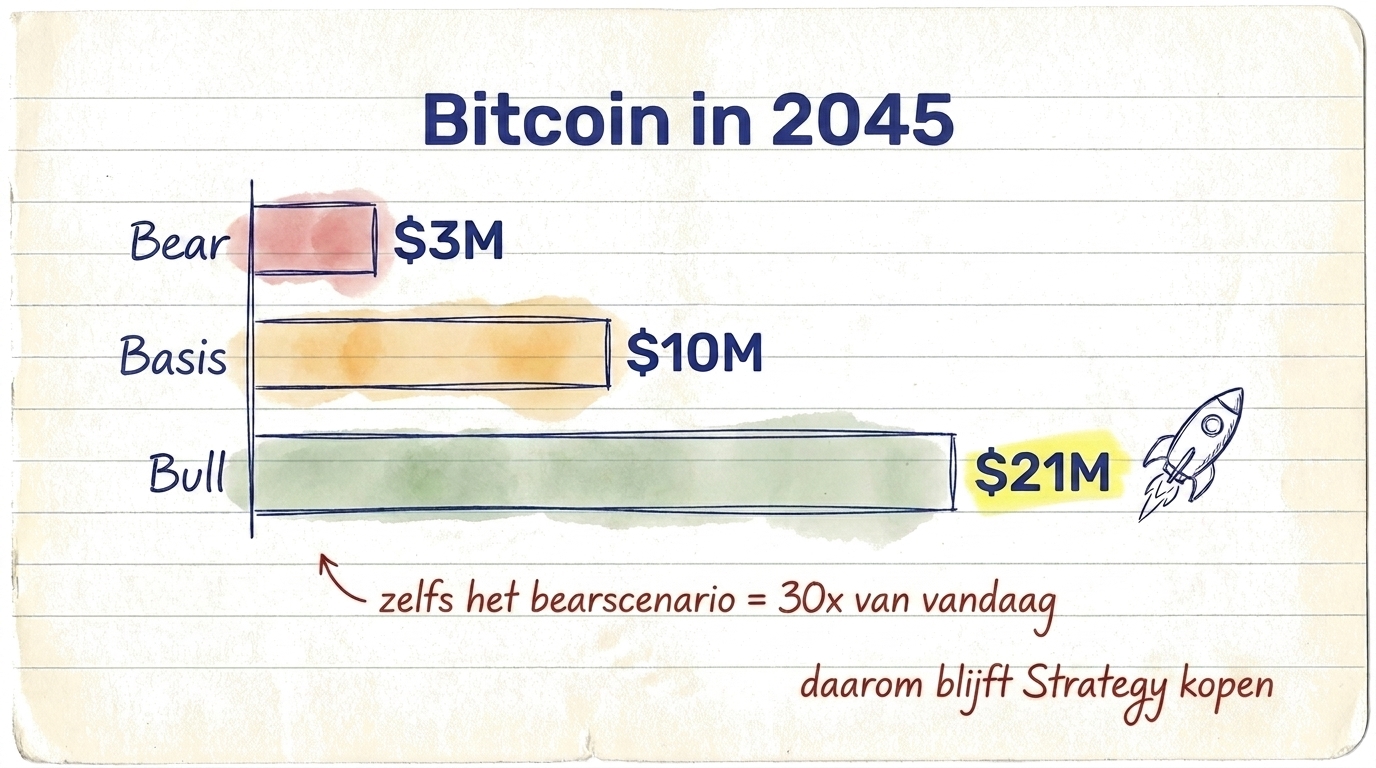 Bitcoin tegen 2045: Slecht $3M, Basis $10M, Goed $21M — zelfs het slechte scenario is 30x van vandaag
