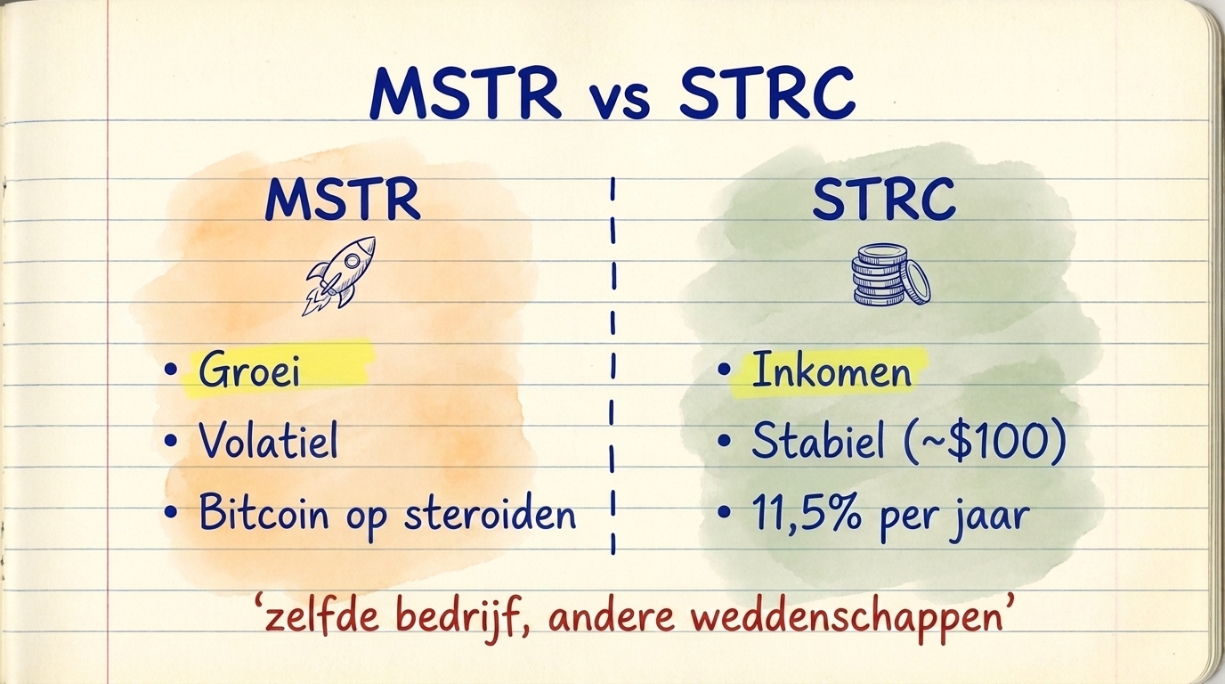 MSTR vs STRC: MSTR is groei, volatiel, Bitcoin op steroiden. STRC is inkomen, stabiel rond $100, 11,5% per jaar. Zelfde bedrijf, verschillende inzetten.