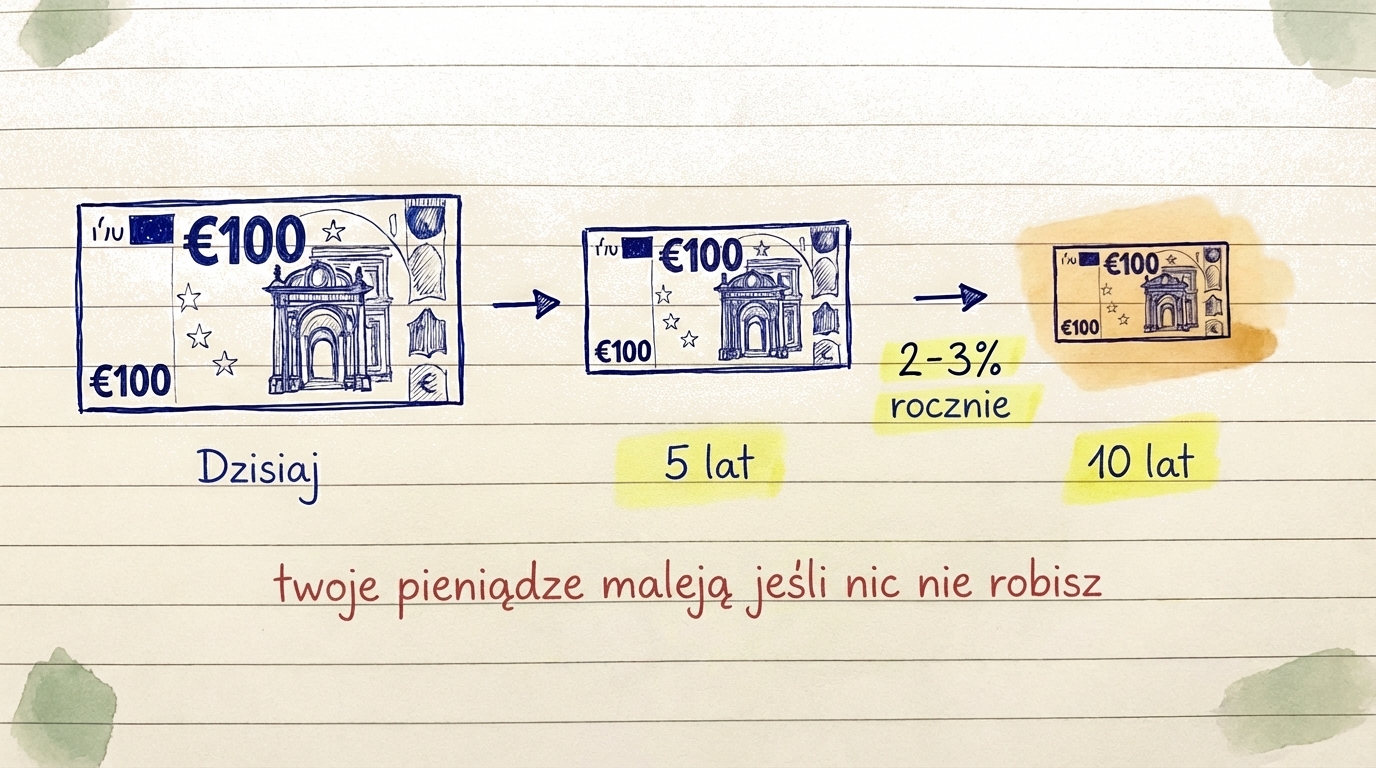 Infografika pokazująca, jak inflacja obniża siłę nabywczą gotówki z biegiem czasu