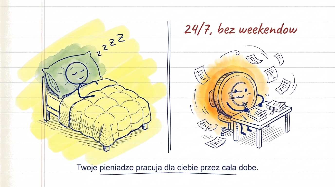 Infografika pokazująca, jak regularne comiesięczne inwestowanie sprawia, że twoje pieniądze pracują na ciebie z biegiem czasu