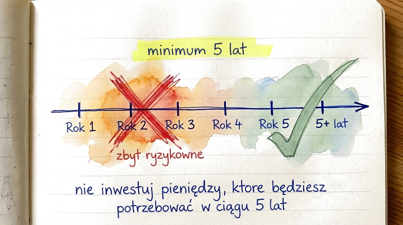 Infografika wyjaśniająca, dlaczego 5 lat to minimalny horyzont czasowy inwestowania, pokazująca czas odbudowy po krachach