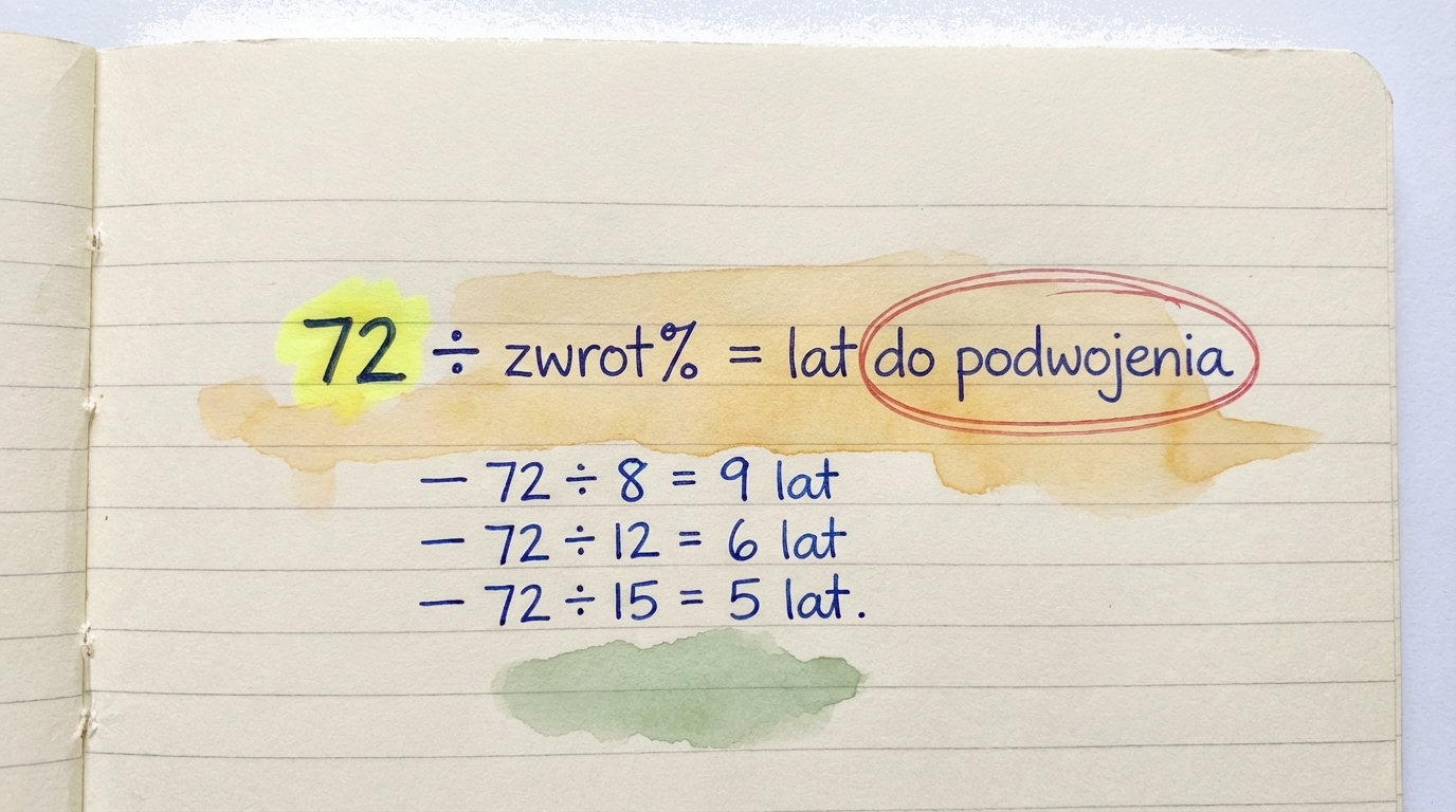 Wzór reguły 72: podziel 72 przez roczną stopę zwrotu, żeby zobaczyć, ile lat potrzeba na podwojenie pieniędzy