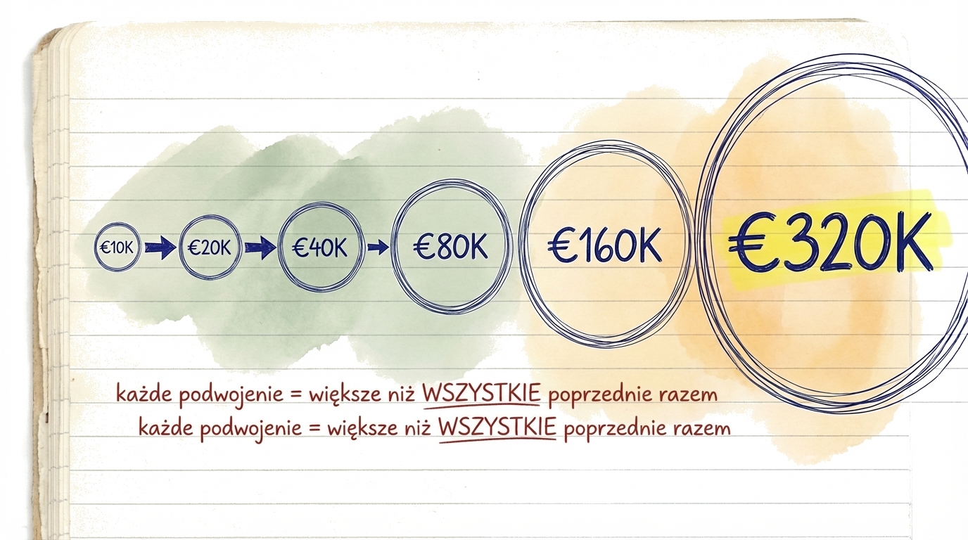 Łańcuch podwojeń pokazujący, jak każde podwojenie jest większe niż wszystkie poprzednie razem wzięte