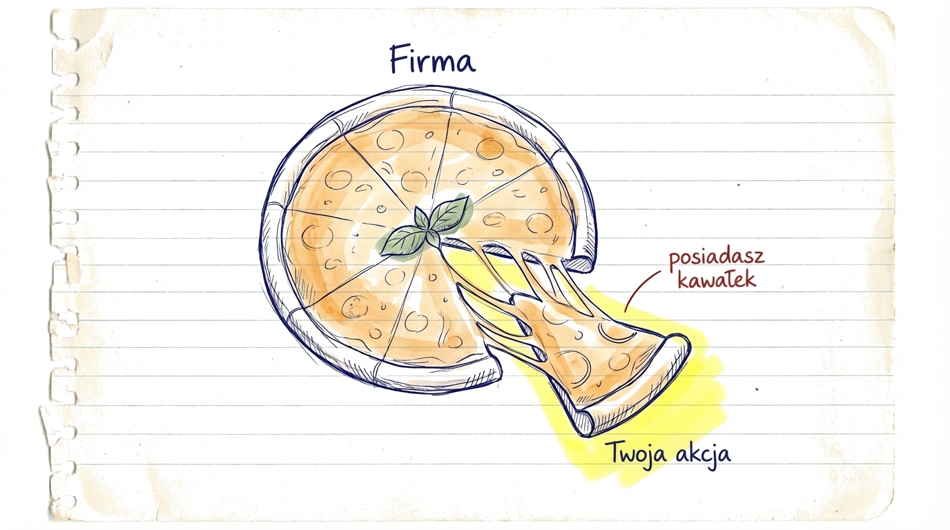 Pizza podzielona na kawałki reprezentujące akcje — każdy kawałek to mały fragment własności firmy