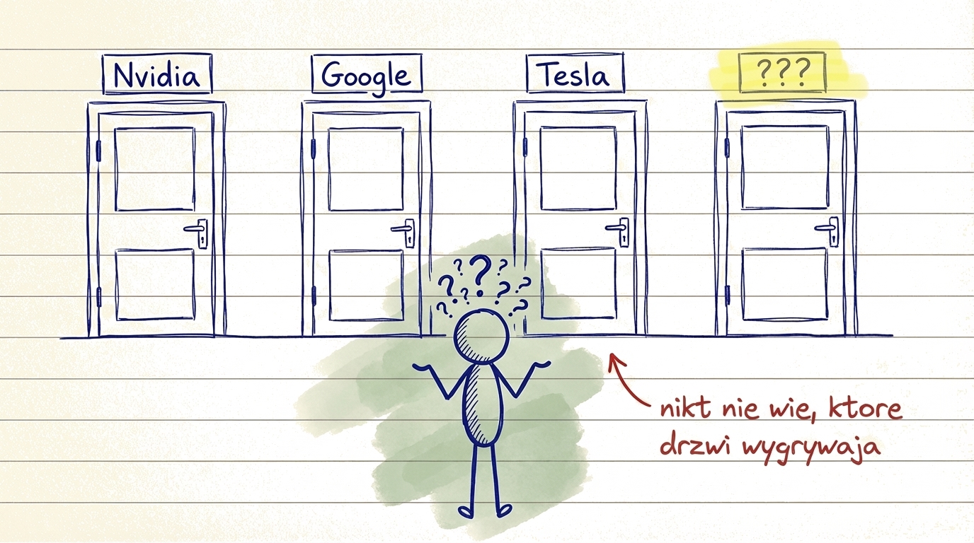 Ilustracja pokazująca trudność wybrania jednej zwycięskiej akcji spośród wielu konkurujących firm