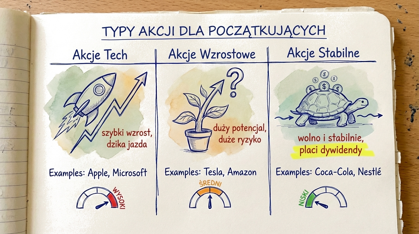 Trzy rodzaje akcji porównane: akcje technologiczne (szybki wzrost, dzika jazda), akcje wzrostowe (duży potencjał, duże ryzyko) i akcje stabilne (wolno i pewnie, płacą dywidendy)