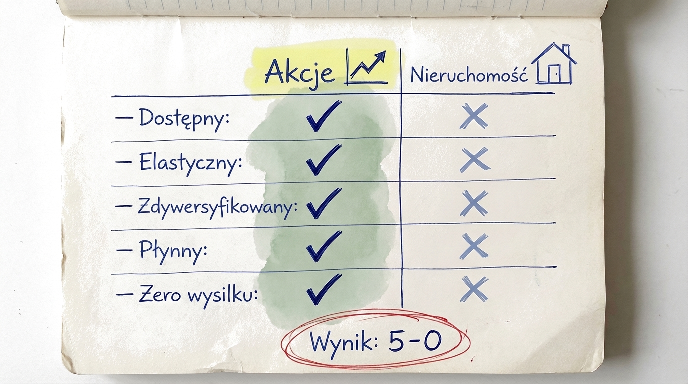 Porównanie akcji i nieruchomości pokazujące zalety akcji: dostępne, elastyczne, zdywersyfikowane, płynne i bezwysiłkowe
