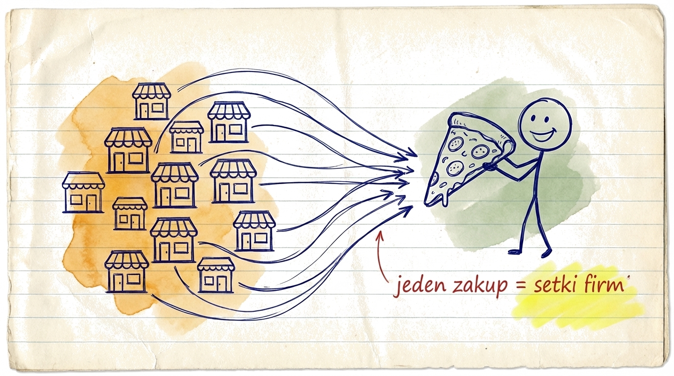 Ilustracja porównująca kupno jednej akcji (jedna pizzeria) z ETF-em (jeden kawałek z setek pizzerii)